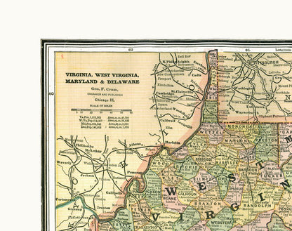 Historic State Map - Virginia Maryland Delaware - Johnson 1888 - 29.07 x 23 - Vintage Wall Art