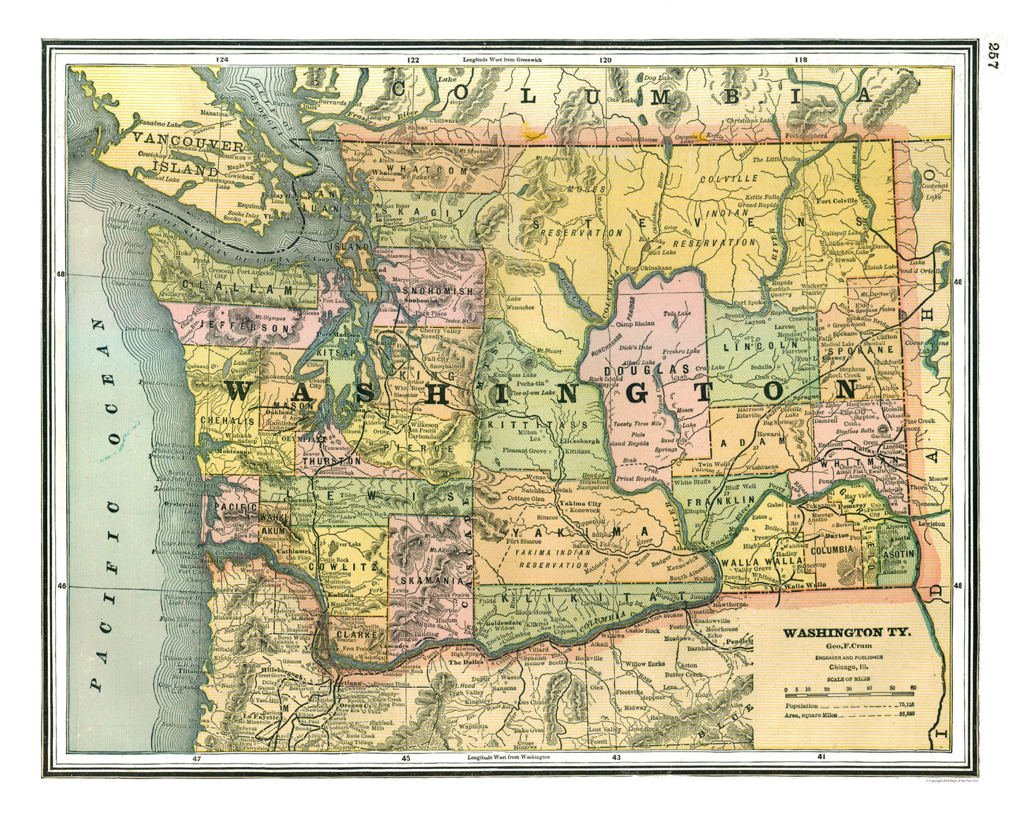 Historic State Map - Washington - Johnson 1888 - 28.81 x 23 - Vintage Wall Art