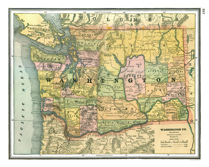 Historic State Map - Washington - Johnson 1888 - 28.81 x 23 - Vintage Wall Art