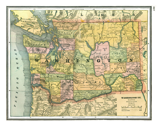 Historic State Map - Washington - Johnson 1888 - 28.81 x 23 - Vintage Wall Art