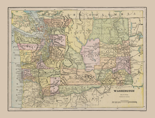 Historic State Map - Washington - Cram 1892 - 30.14 x 23 - Vintage Wall Art