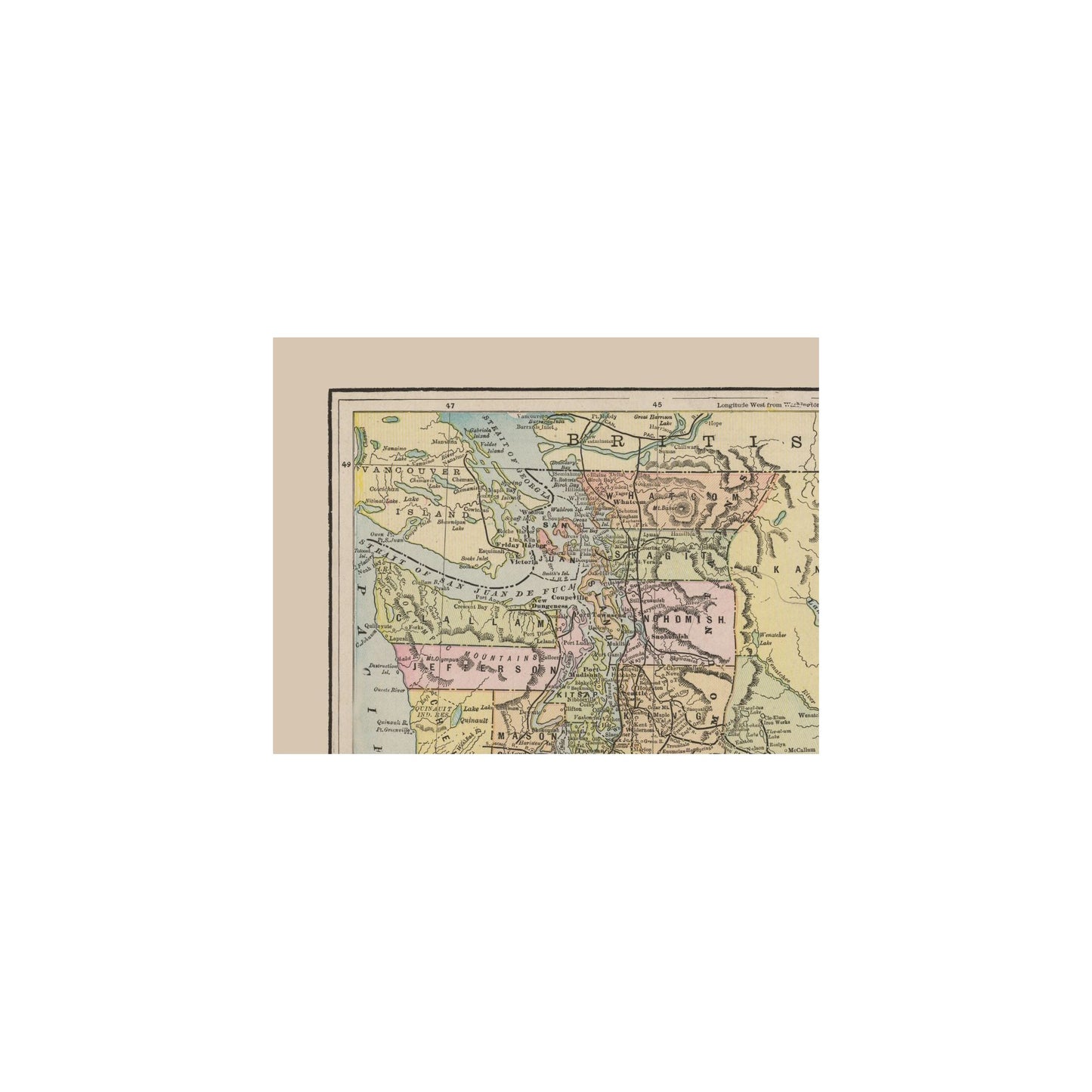 Historic State Map - Washington - Cram 1892 - 30.14 x 23 - Vintage Wall Art
