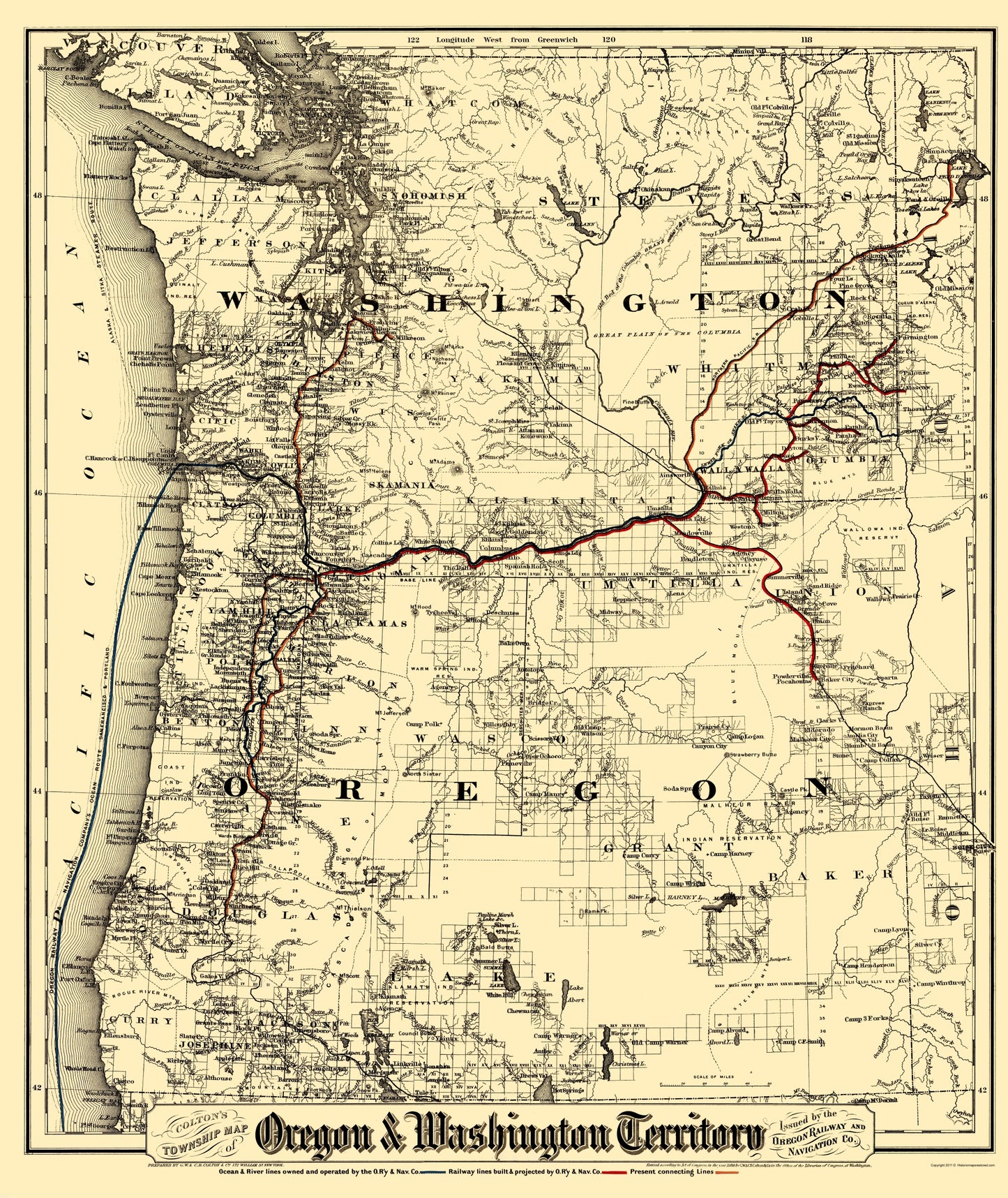 Railroad Map - Oregon and Washington Territory - Colton 1880 - 23 x 27.32 - Vintage Wall Art