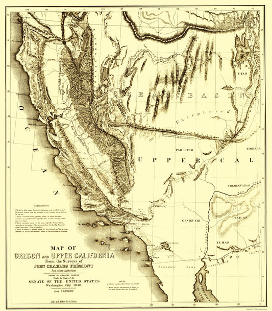 Historic State Map - Oregon Upper California - Preuss 1848 - 23 x 26.27 - Vintage Wall Art