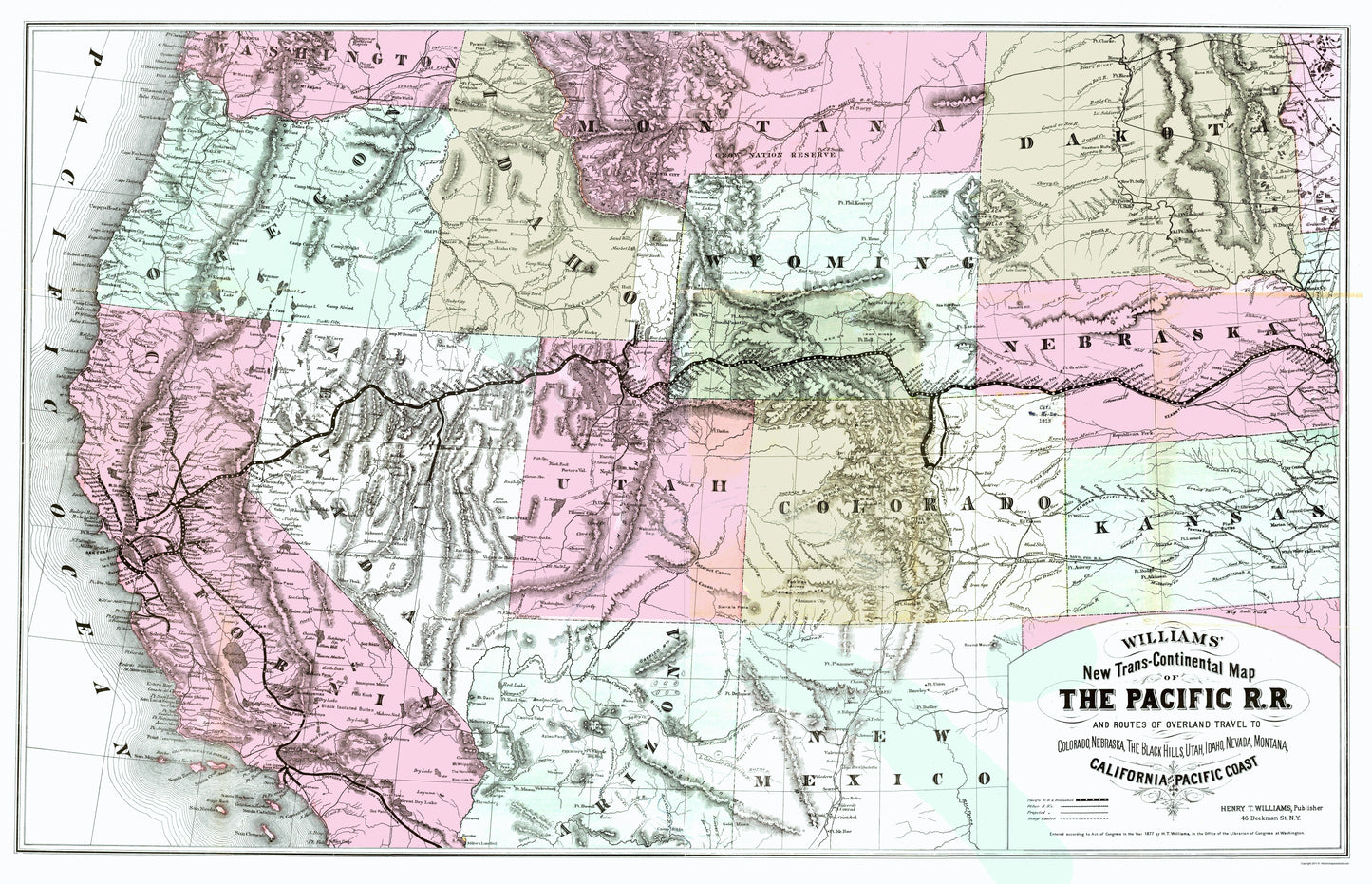 Railroad Map - Pacific Railroad California Routes - Williams 1877 - 23 x 35.70 - Vintage Wall Art