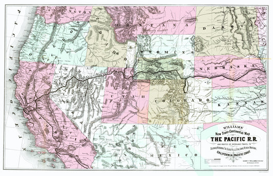 Railroad Map - Pacific Railroad California Routes - Williams 1877 - Vintage Wall Art