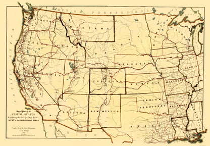 Historic Nautical Map - Mississippi River Western Mail Routes  - Boyd 1867 - 23 x 33 - Vintage Wall Art