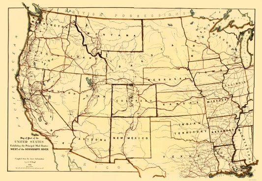 Historic Nautical Map - Mississippi River Western Mail Routes  - Boyd 1867 - 23 x 33 - Vintage Wall Art