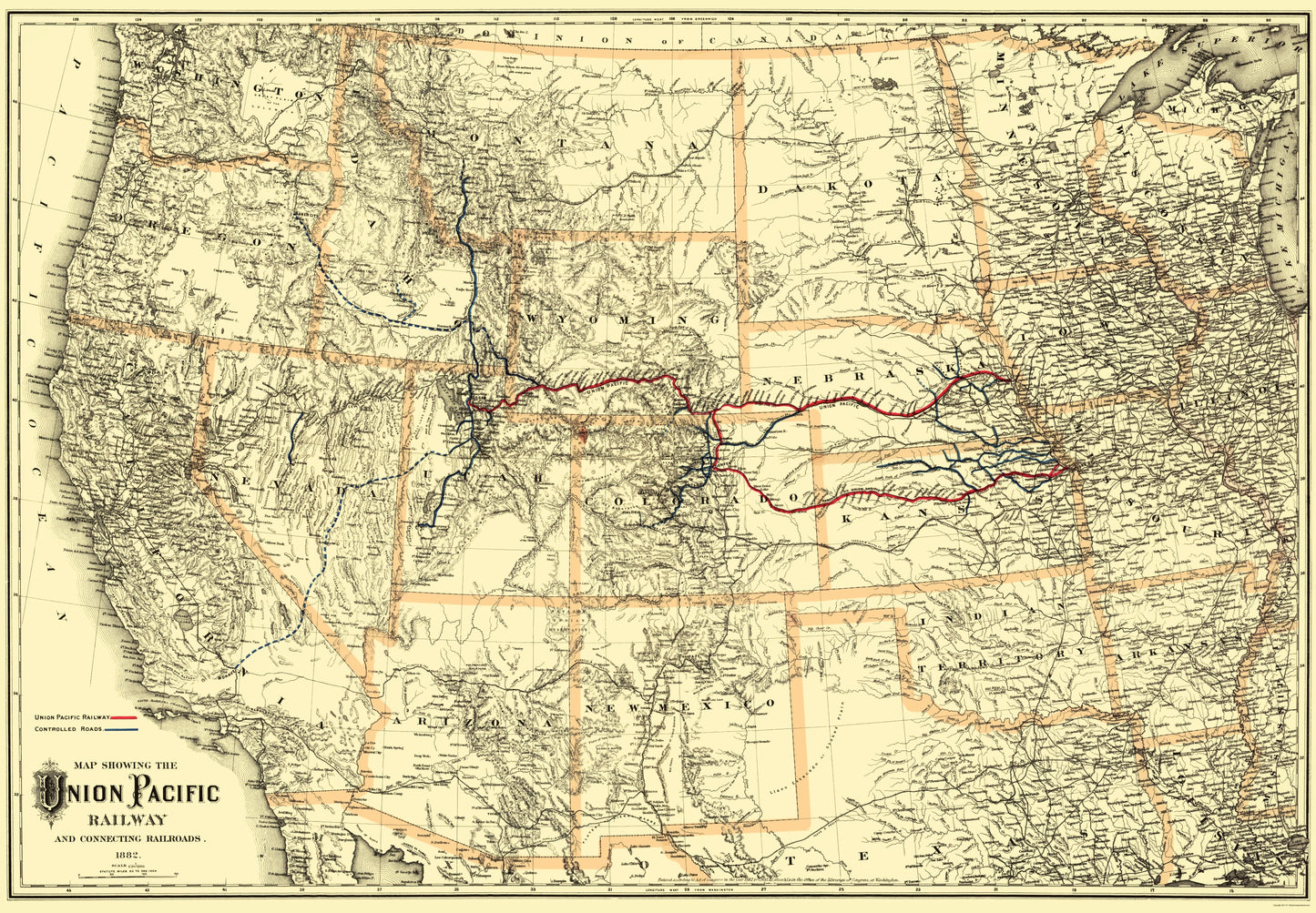 Railroad Map - Union Pacific Railway - Colton 1882 - 23 x 33.13 - Vintage Wall Art