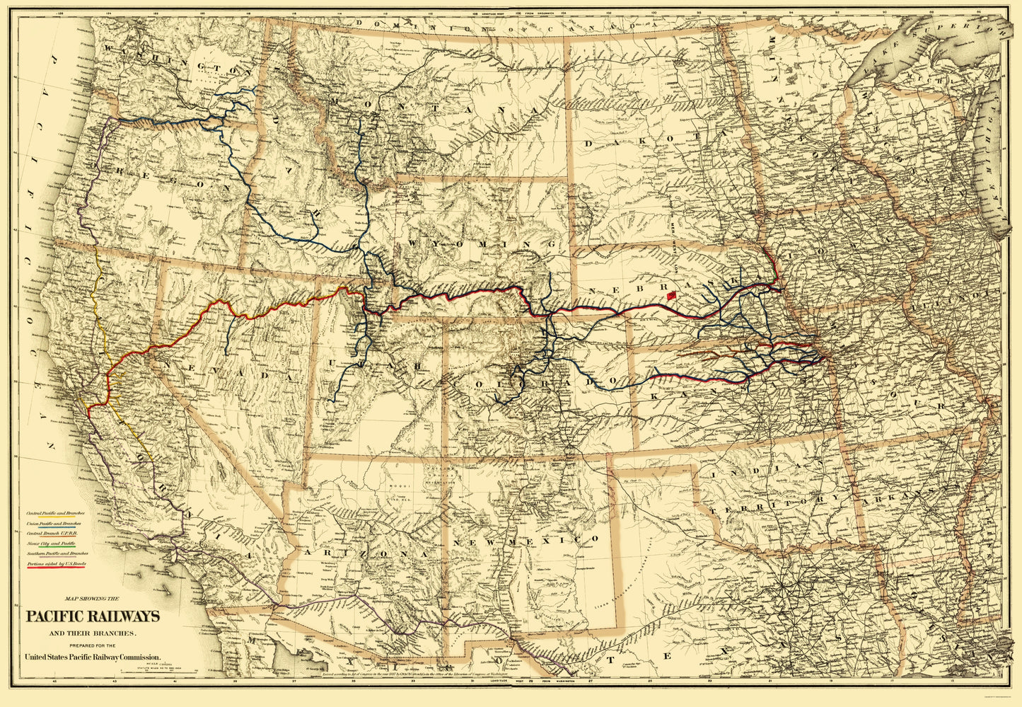 Railroad Map - Pacific Railways - Colton 1887 - 23 x 33.27 - Vintage Wall Art