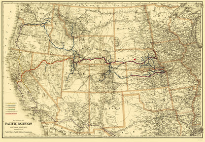 Railroad Map - Pacific Railways - Colton 1887 - 23 x 33.27 - Vintage Wall Art