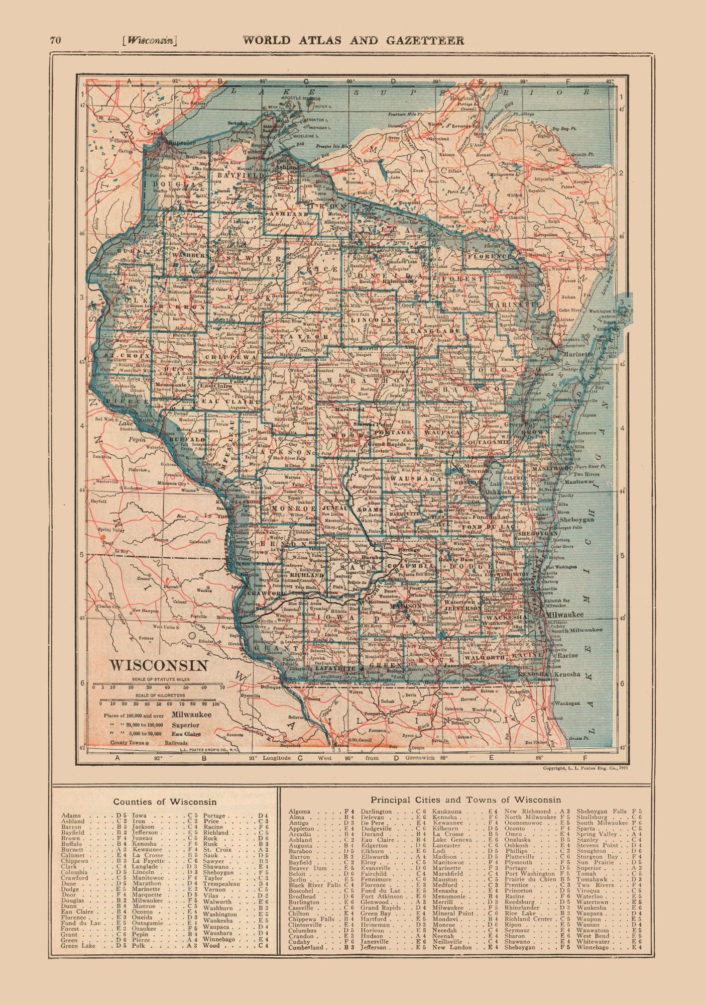 Historic State Map - Wisconsin - Poates 1921 - 23 x 32.77 - Vintage Wall Art