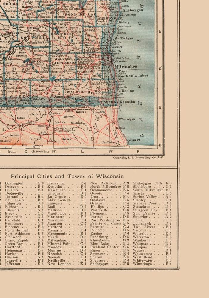 Historic State Map - Wisconsin - Poates 1921 - 23 x 32.77 - Vintage Wall Art