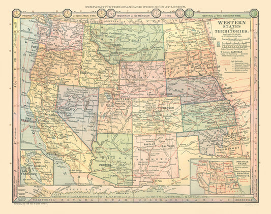 Historic State Map - Western States - Monteith 1882 - 29.15 x 23 - Vintage Wall Art