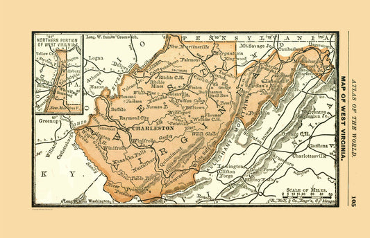 Historic State Map - West Virginia - Alden 1886 - 35.69 x 23 - Vintage Wall Art