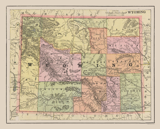 Historic State Map - Wyoming - Cram 1892 - 28.49 x 23 - Vintage Wall Art