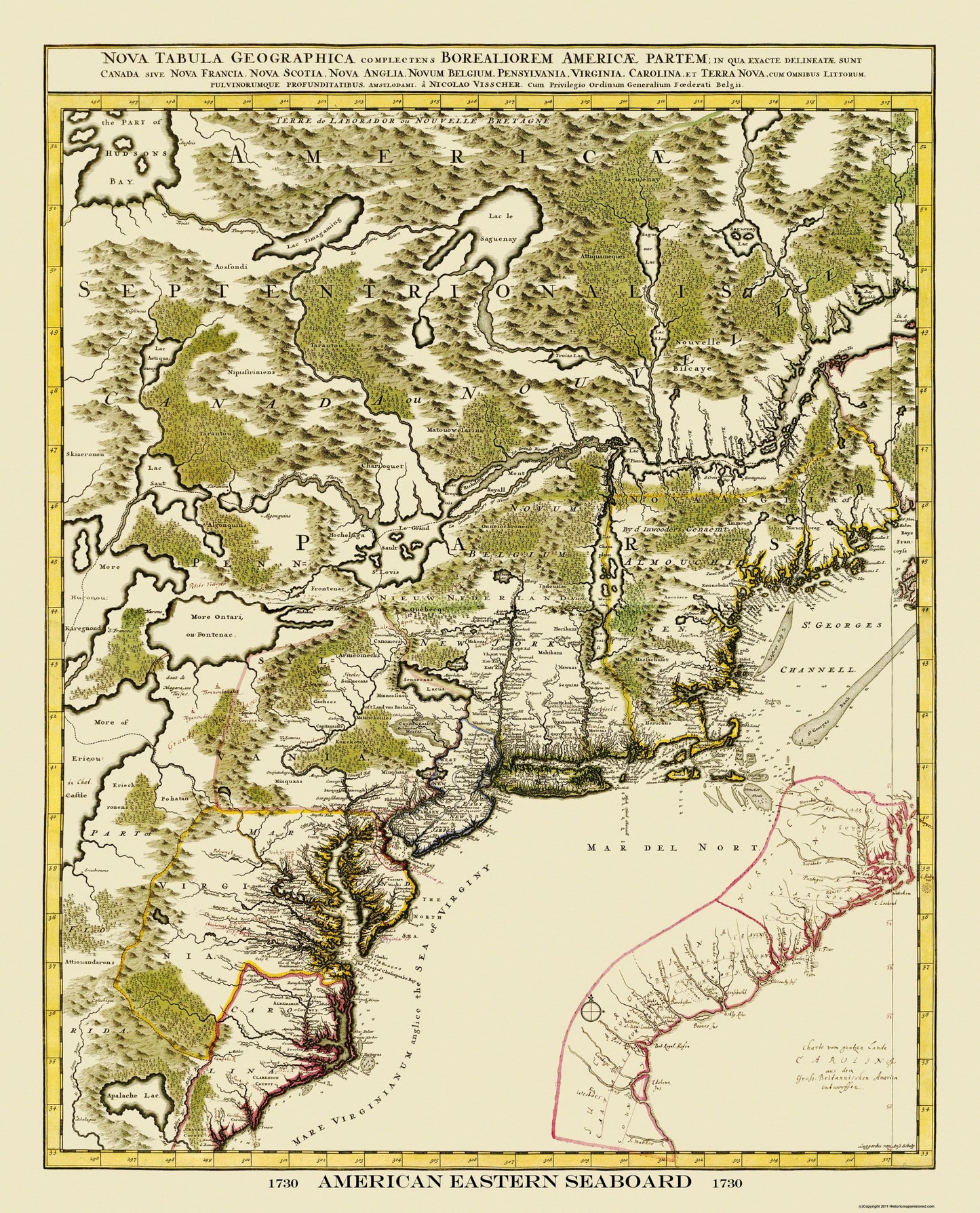 Historic State Map - American Eastern Seaboard - 1730 - 23 x 28.5 - Vintage Wall Art