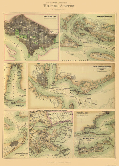Historic Nautical Map - United States Southern Ports Harbours - Fullerton 1872 - 23 x 32 - Vintage Wall Art