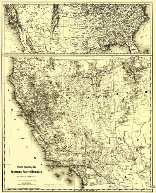 Railroad Map - Southern Pacific Railroad Connections - Colton 1875 - 23 x 28.51 - Vintage Wall Art