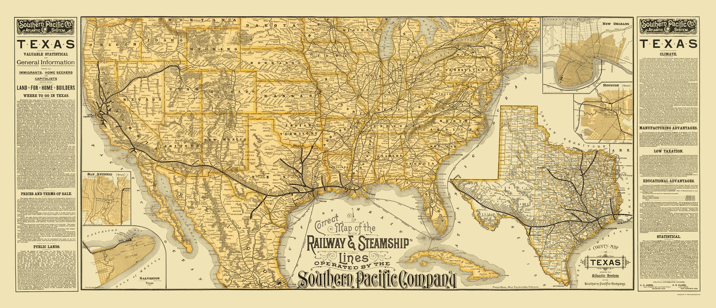 Railroad Map - Texas Railroads Steamship Lines - Poole 1884 - 23 x 53.35 - Vintage Wall Art