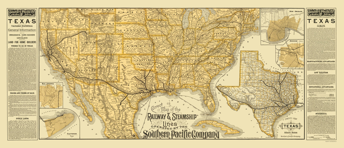 Railroad Map - Texas Railroads Steamship Lines - Poole 1884 - Vintage ...