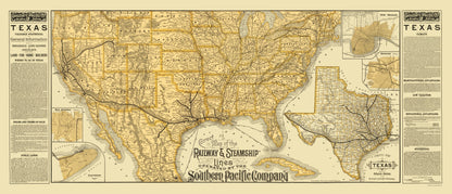 Railroad Map - Texas Railroads Steamship Lines - Poole 1884 - 23 x 53.35 - Vintage Wall Art