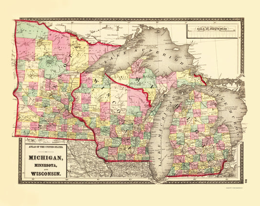 Historic State Map - Michigan Minnesota  Wisconsin - Baltimore 1873 - 23 x 28.98 - Vintage Wall Art