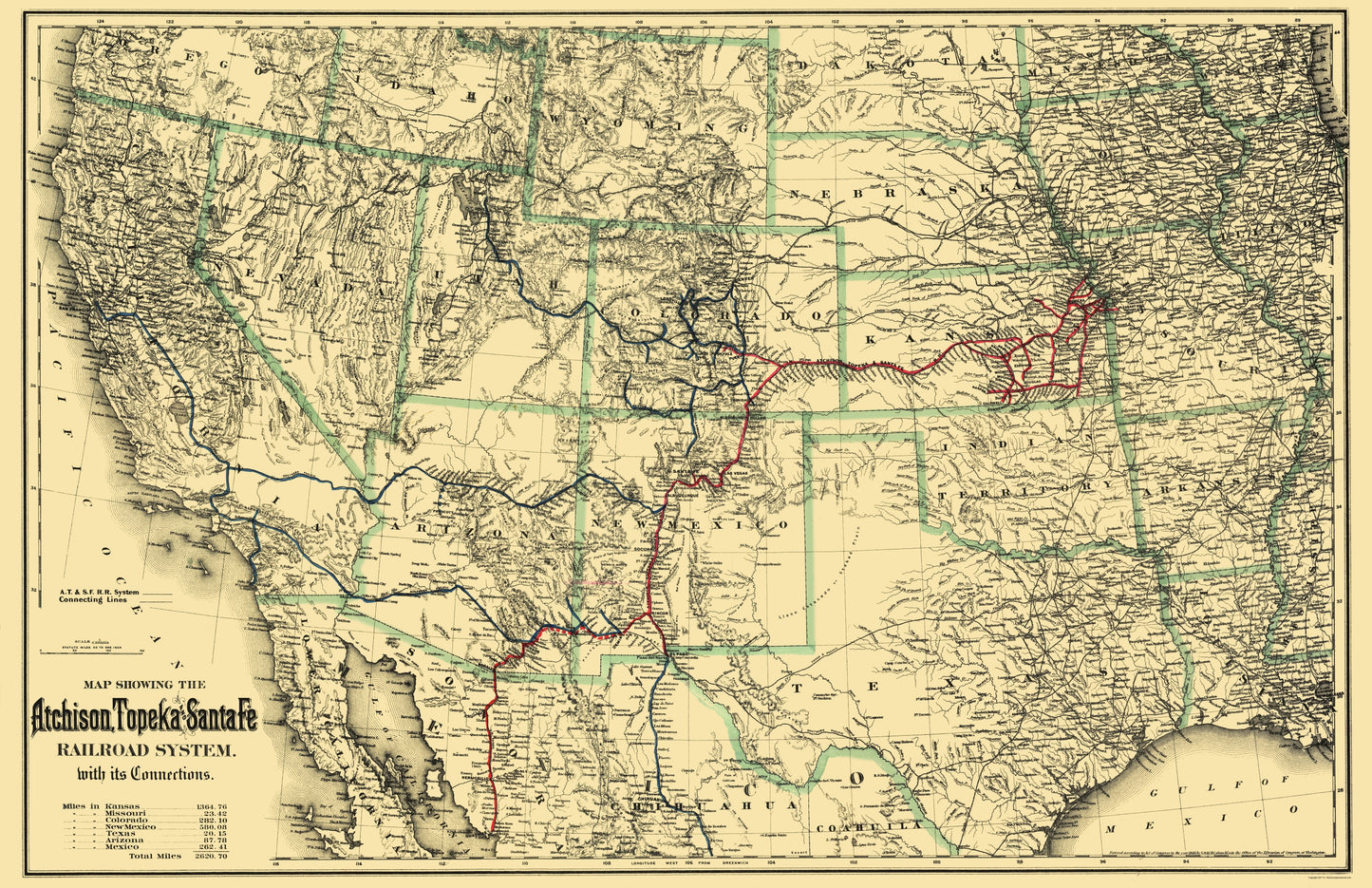 Railroad Map - Atchison Topeka and Santa Fe Railroad - Colton 1883 - 23 x 35 - Vintage Wall Art