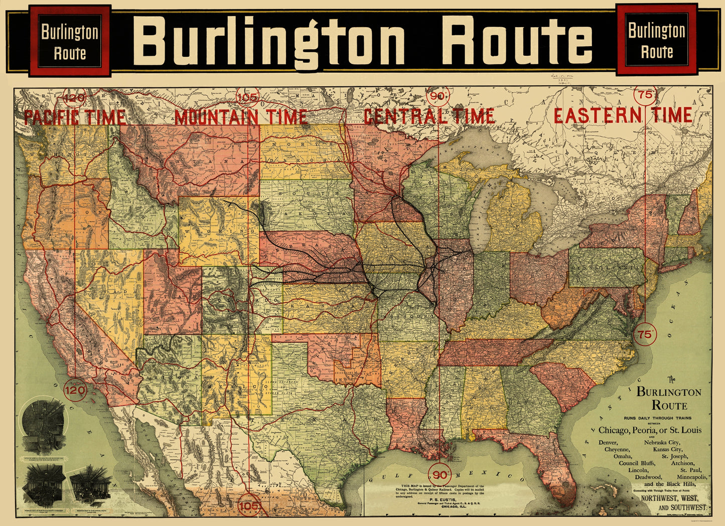 Railroad Map - Burlington Railroad Route - Rand McNally 1892 - 23 x 31.71 - Vintage Wall Art