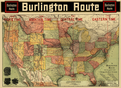 Railroad Map - Burlington Railroad Route - Rand McNally 1892 - 23 x 31.71 - Vintage Wall Art