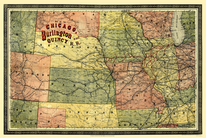 Railroad Map - Chicago Burlington and Quincy Railroad - Heubach 1879 - 23 x 34 - Vintage Wall Art