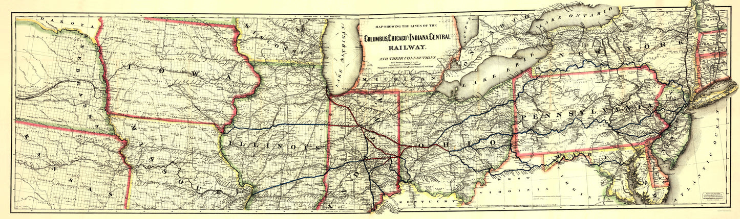 Railroad Map - Columbus Chicago and Indiana Central Railway - Colton 1868 - 23 x 77 - Vintage Wall Art