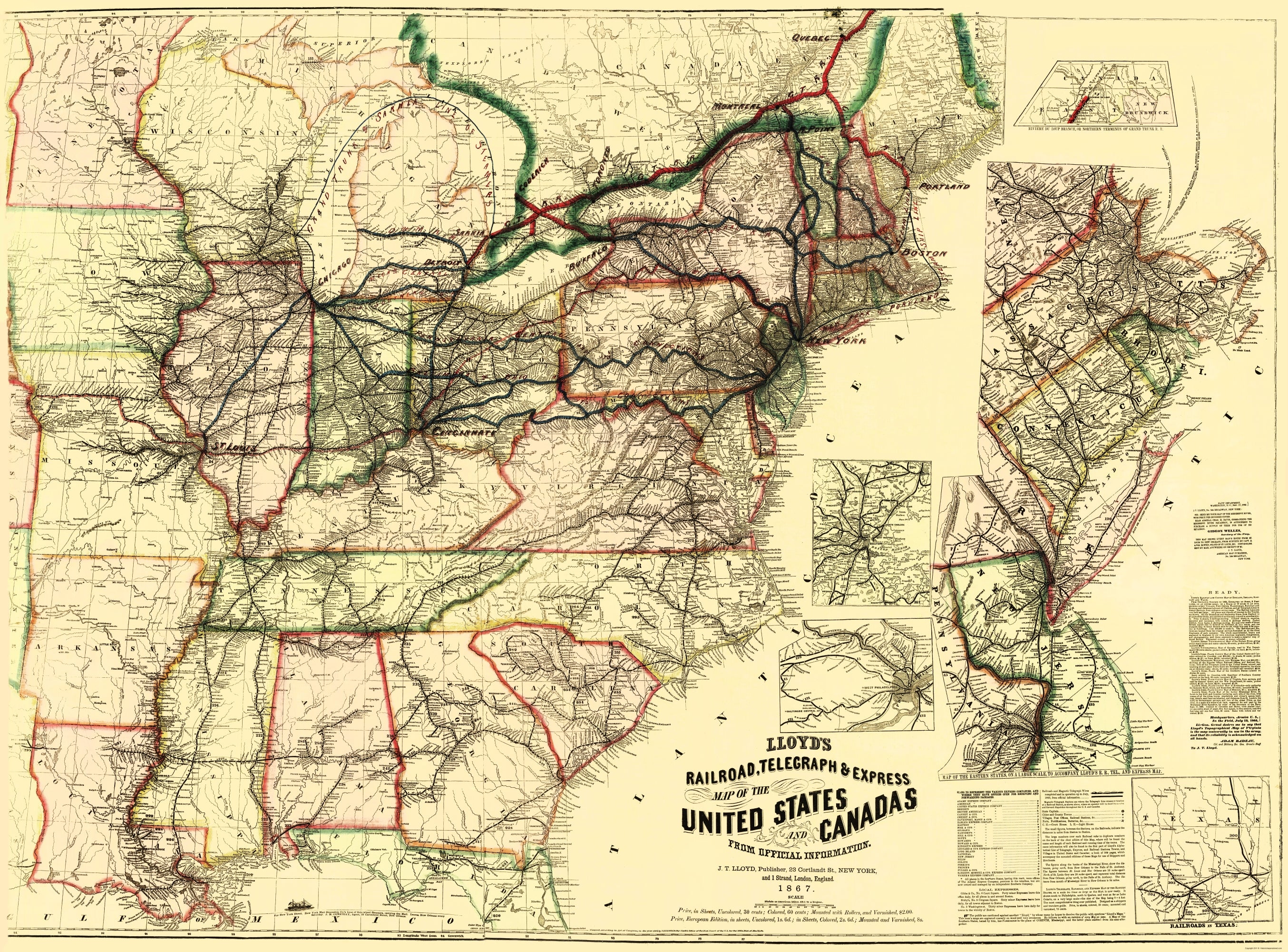 First Rail Map Railroad Map - United States Canada Railroads Telegraph - Lloyd 1867 ...