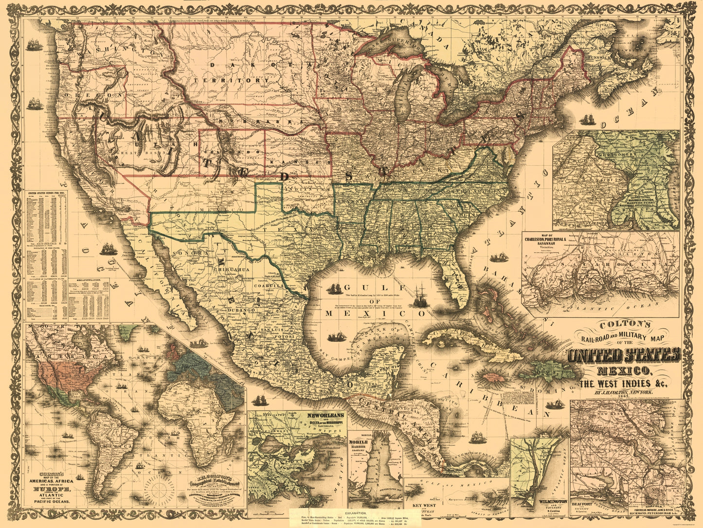 Railroad Map - United States Mexico West Indies Railroads Military - Colton 1862 - 23x30 - Vintage Wall Art