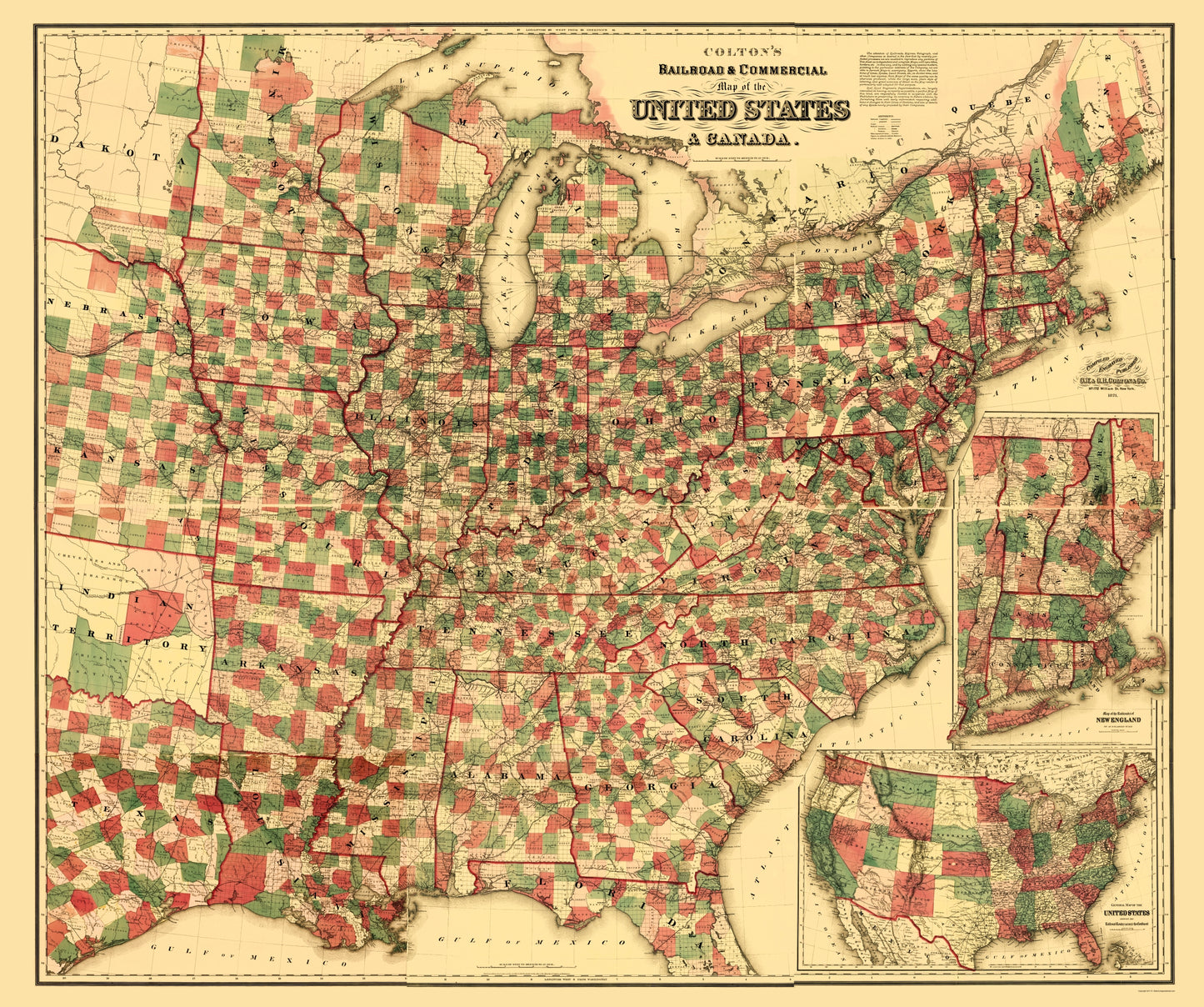 Railroad Map - United States Canada Railroads Commercial - Colton 1871 - 23 x 27.51 - Vintage Wall Art