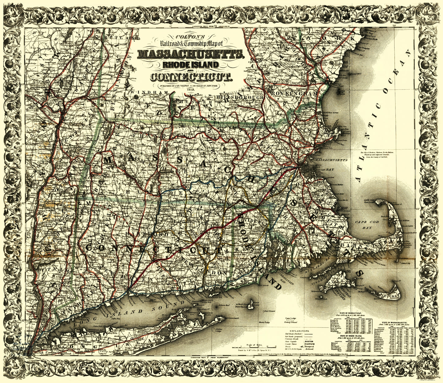 Railroad Map - Massachusetts Rhode Island Connecticut - Colton 1853 - 23x26 - Vintage Wall Art