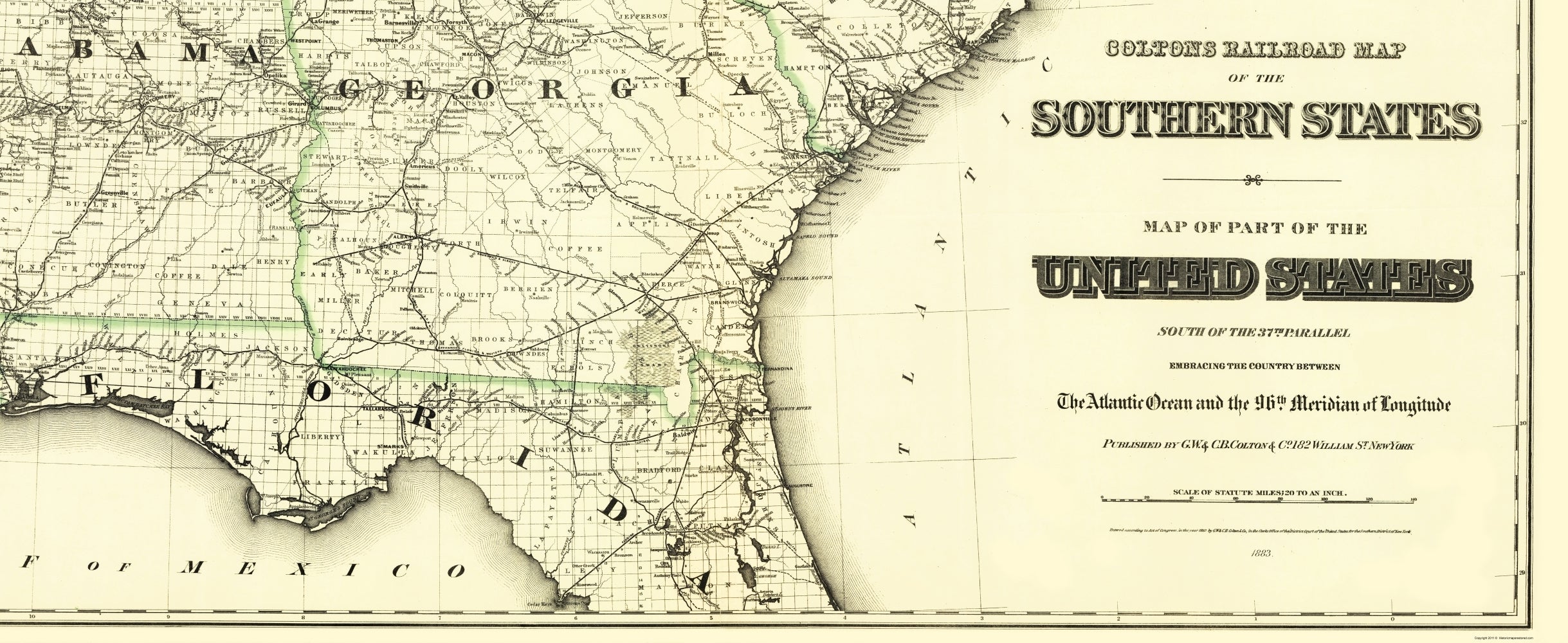 Railroad Map - United States Southern Railroads - Colton 1883 - 23 x 5 ...