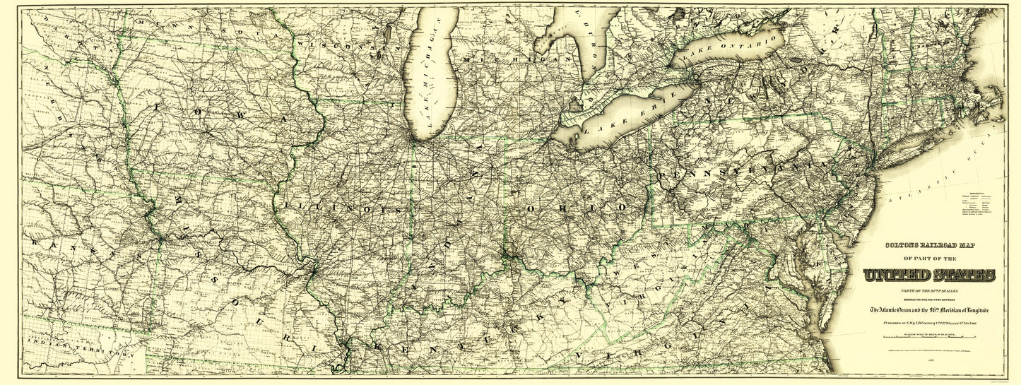 Railroad Map - United States Railroads 37th Parallel North - Colton 1883 - 23x60 - Vintage Wall Art