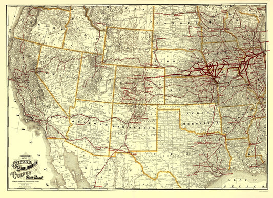 Railroad Map - Chicago Burlington and Quincy Railroad - Cram 1881 - Vintage Wall Art
