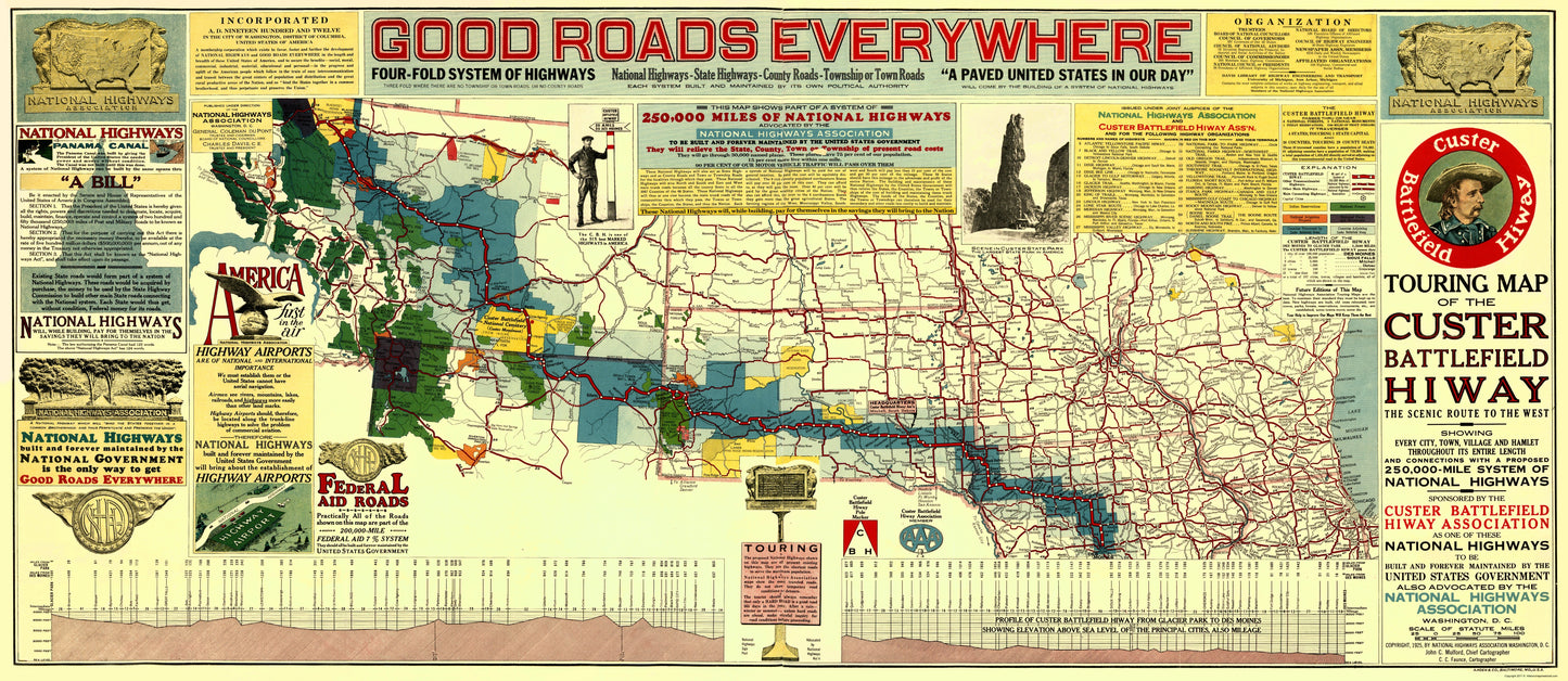 Historic Map - Custer Battlefield Highway - Mulford 1925 - 23 x 52.93 - Vintage Wall Art