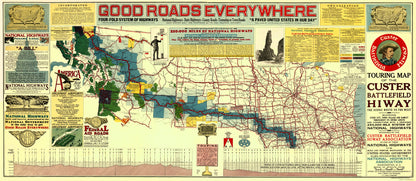 Historic Map - Custer Battlefield Highway - Mulford 1925 - 23 x 52.93 - Vintage Wall Art