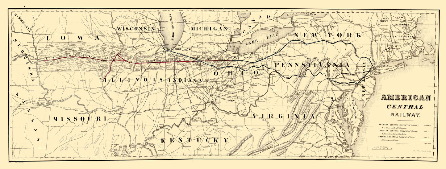 Railroad Map - American Central Railway - Bien 1886 - 23 x 60.70 - Vintage Wall Art