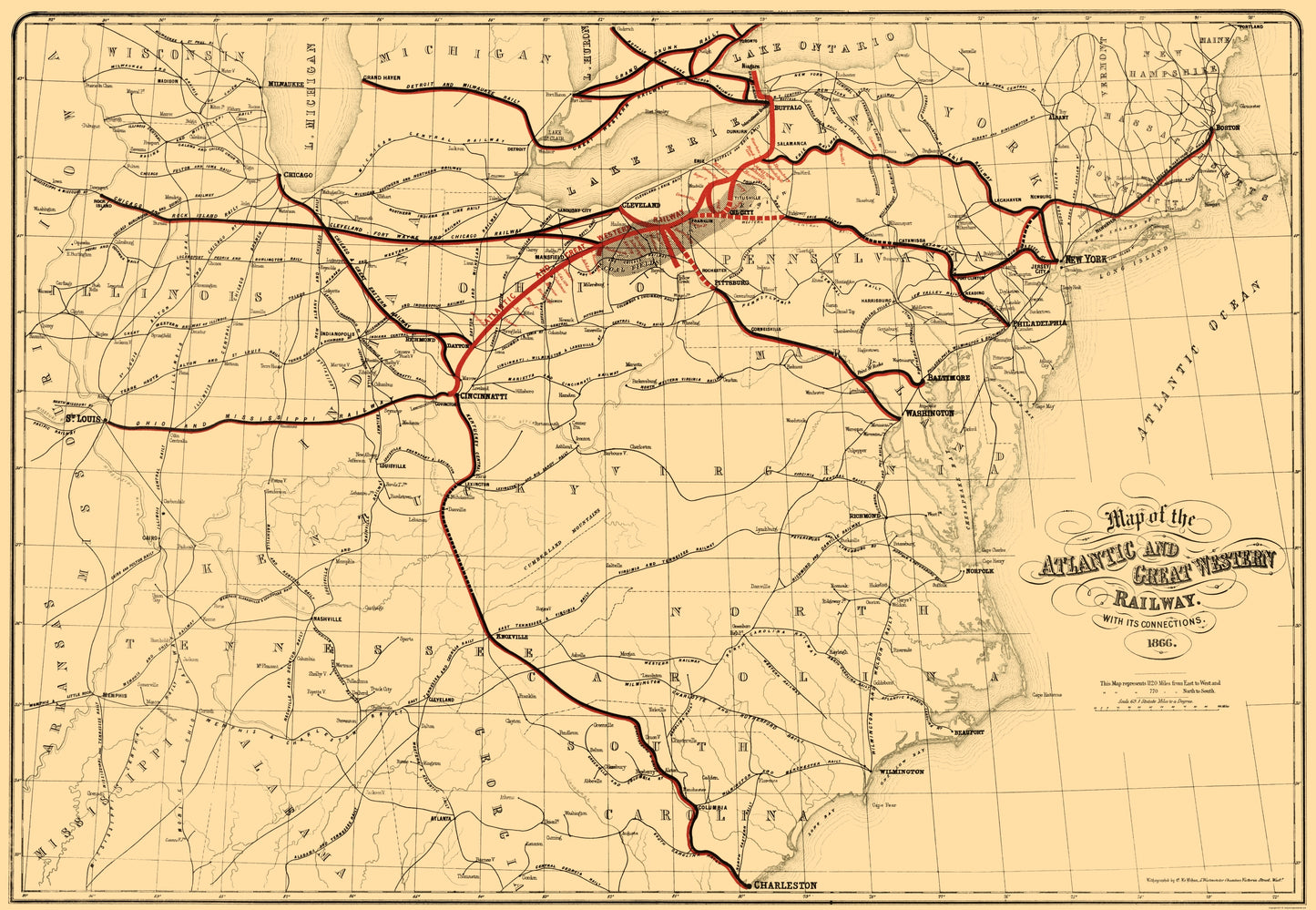 Railroad Map - Atlantic and Great Western Railway - Bihan 1866 - 23 x 33.26 - Vintage Wall Art