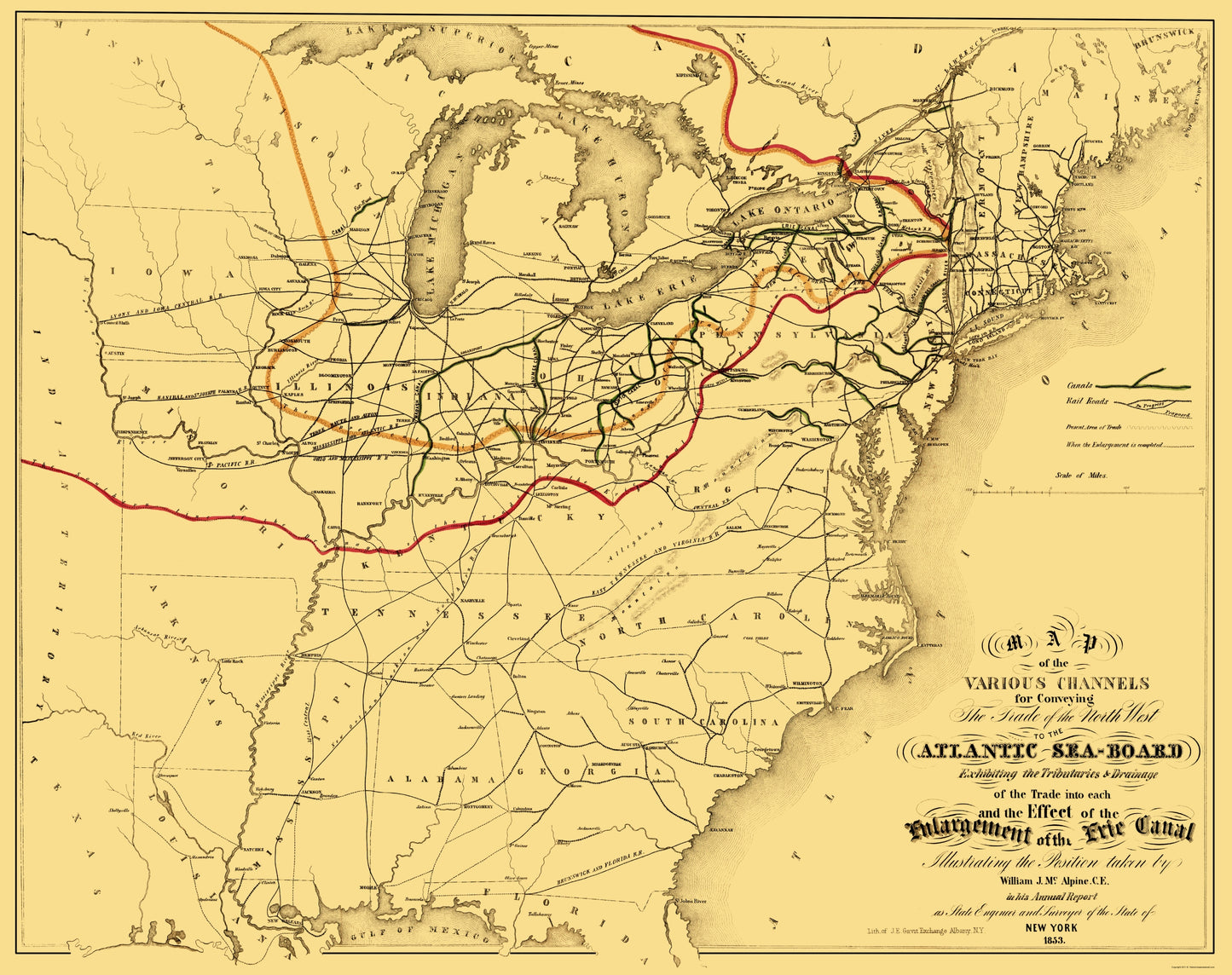 Railroad Map - Atlantic Seaboard Trade Routes - Alpine 1853 - 23 x 29.04 - Vintage Wall Art