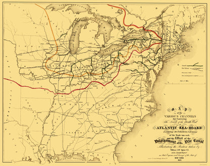 Railroad Map - Atlantic Seaboard Trade Routes - Alpine 1853 - 23 x 29.04 - Vintage Wall Art