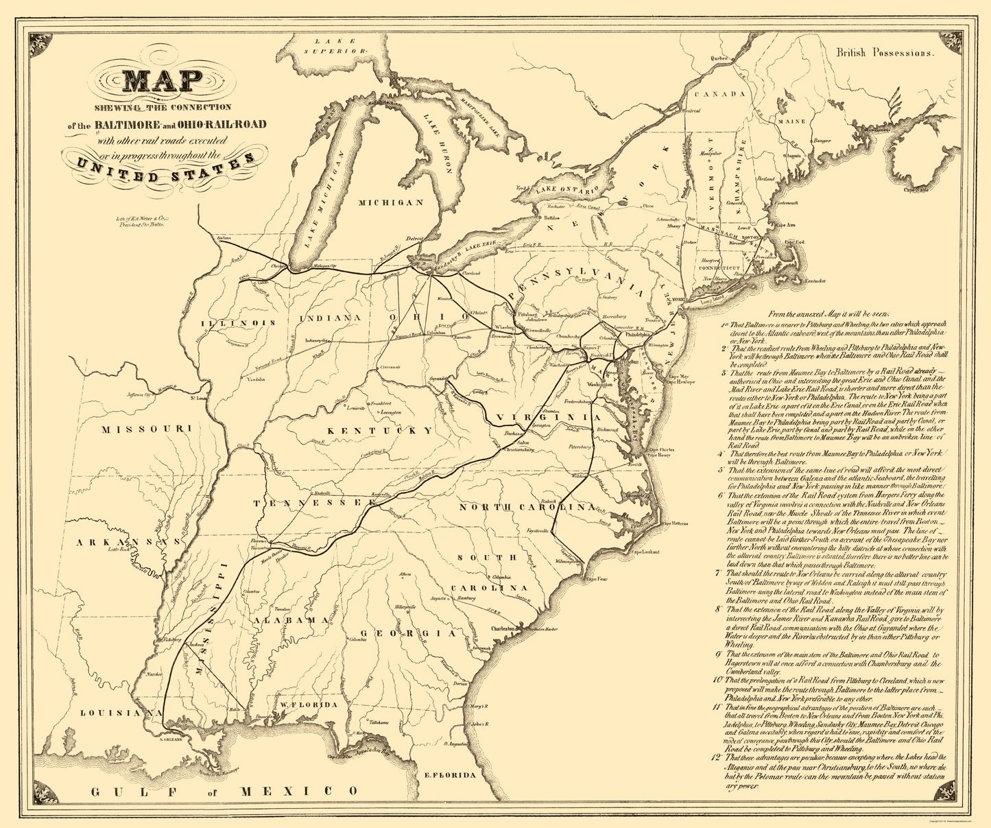 Railroad Map - Baltimore and Ohio Railroad Connections - Weber 1840 - 23 x 27 - Vintage Wall Art