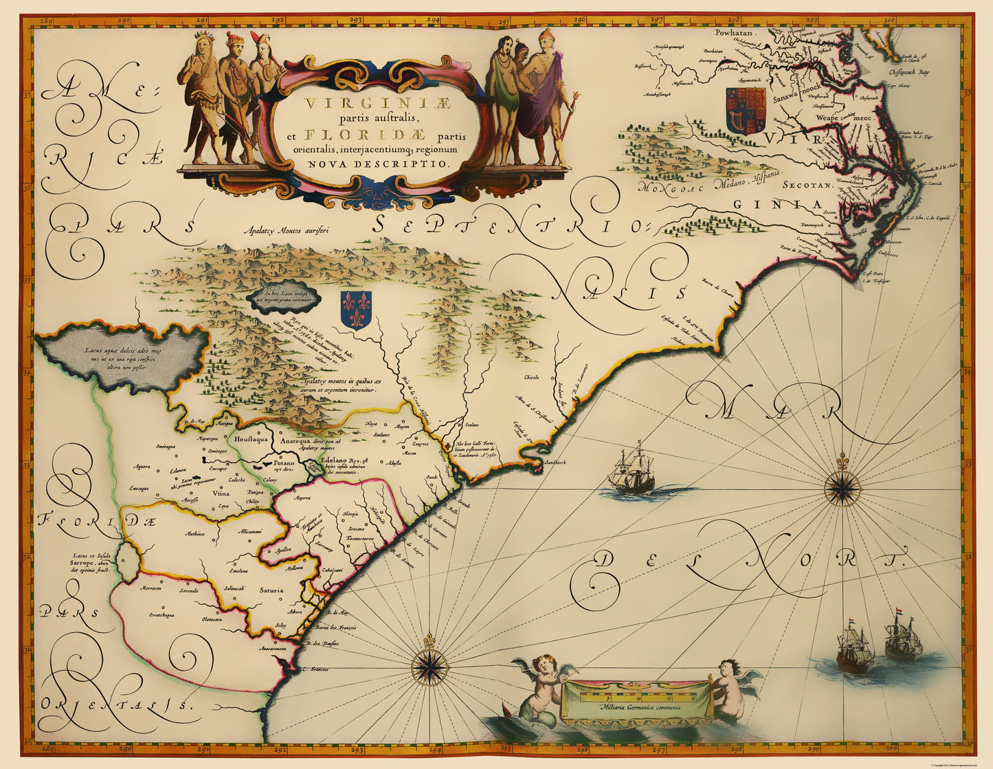 Historic State Map - United States Southeast - Blaeu 1640 - 23 x 29.71 - Vintage Wall Art