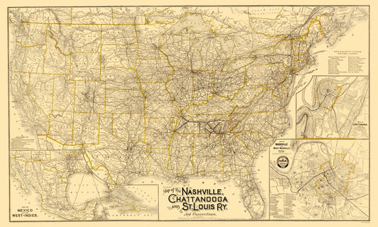 Railroad Map - Nashville Chattanooga and St Louis Railway - Danley 1889 - 23 x 38 - Vintage Wall Art