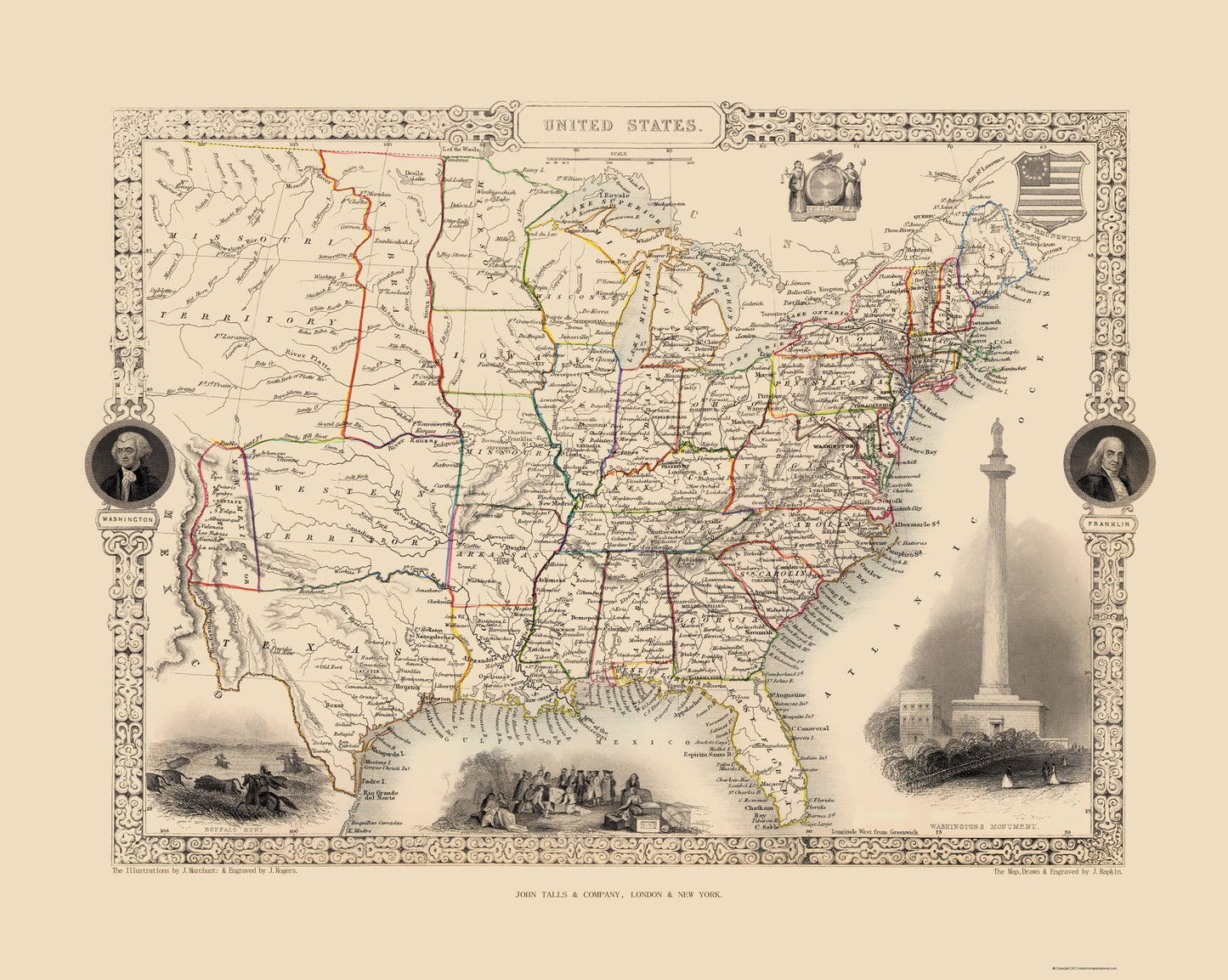 Historic State Map - United States - Tallis 1851 - 23 x 28.83 - Vintage Wall Art