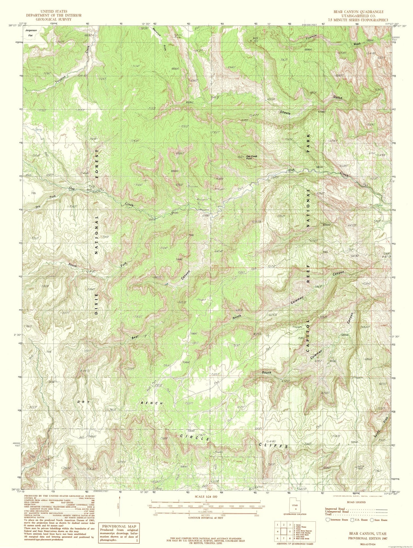 Topographical Map - Bear Canyon Utah Quad - USGS 1987 - 23 x 30.49 - Vintage Wall Art